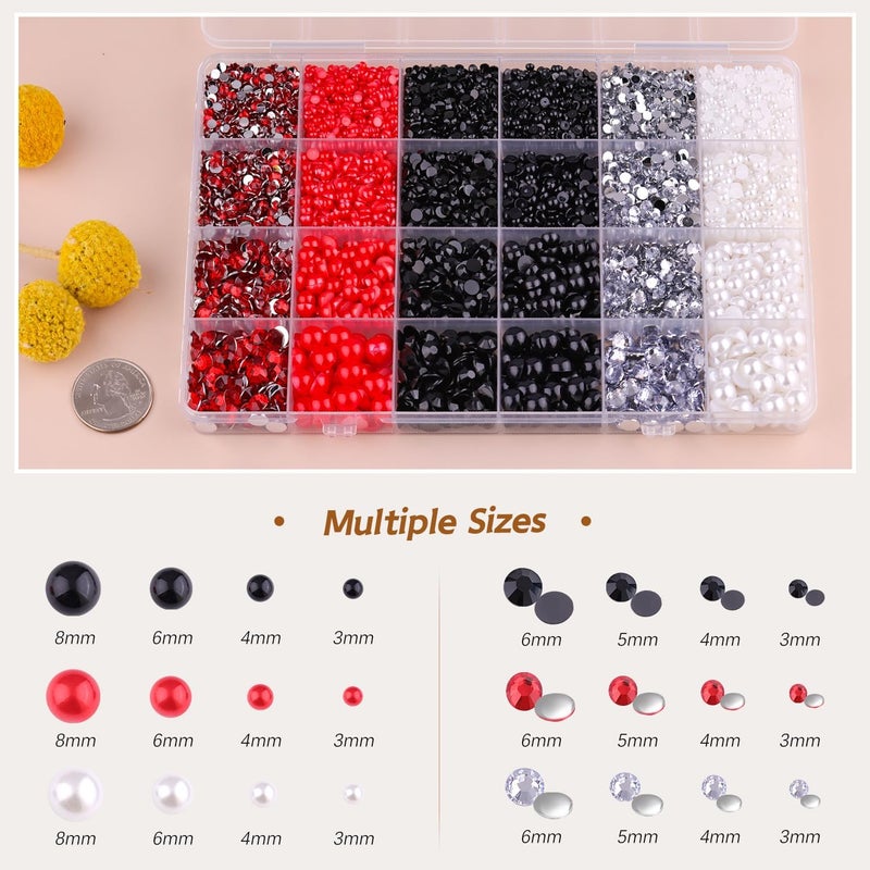 TINKRSTUFF 9000PCS Flatback Pearls and Rhinestones for Bedazzling, Red White Black Mixed Size 3-10mm Resin Rhinestones Gems and Half Pearls for Crafting, Nail Art Crafts Decoration - Image 2